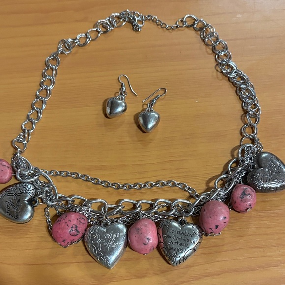 Jewelry - Silver and Pink Heart Charm Necklace and Earring Set
